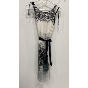 Save The Queen Dress XS with Belt Ivory Black Green Lined 39.5”L